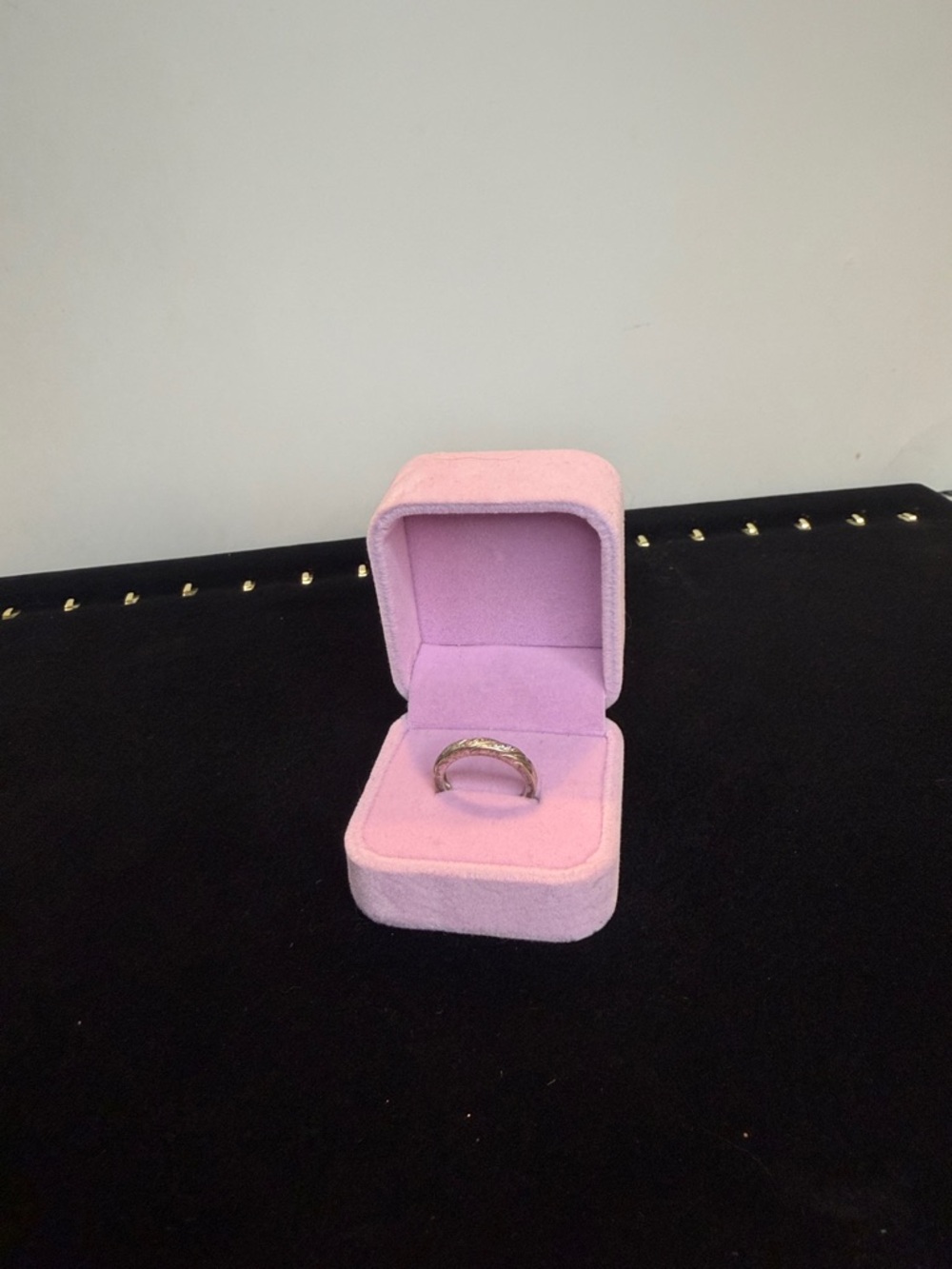 Pink Velvet Ring Box with Silver Band Presentation